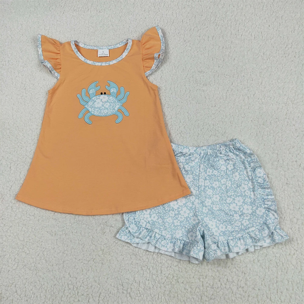 

Baby Girls Embroidery Orange Crab Tunic with Floral Ruffle Short Set Flutter Sleeves Top Ruffle Shorts Outfit for Girls