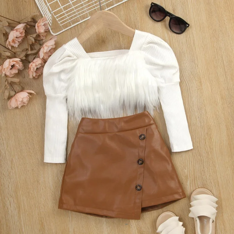 Summer Kids Suits Girls White Long Sleeve Pullover Irregular Coat+ PU leather Brown Skirts 2pcs Girl Kid Clothing Sets