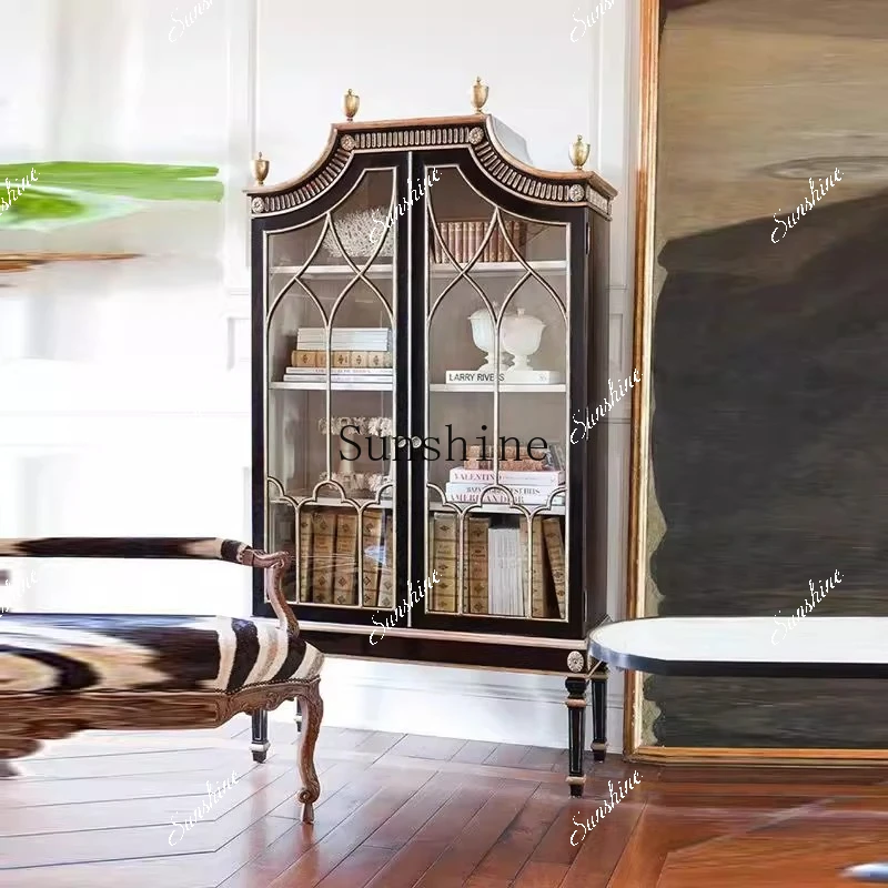 

French retro solid wood carving flower wine cabinet rural decoration storage display