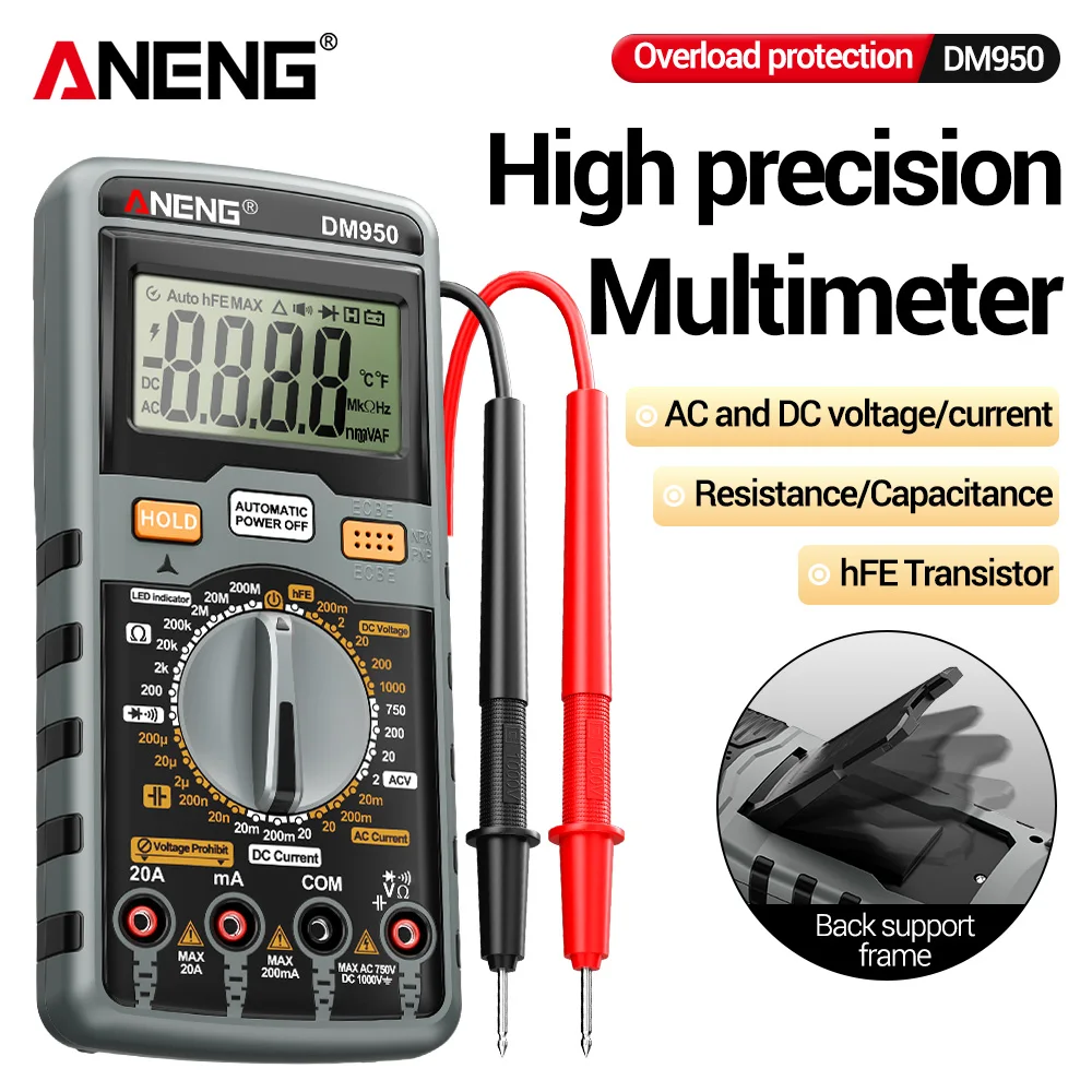 Multímetro Digital Portátil ANENG DM950 com 1999 Contagens, Detector de Tensão AC/DC, Corrente, Ohm, Capacitância, NCV e HFE, Ferramentas para Eletricistas