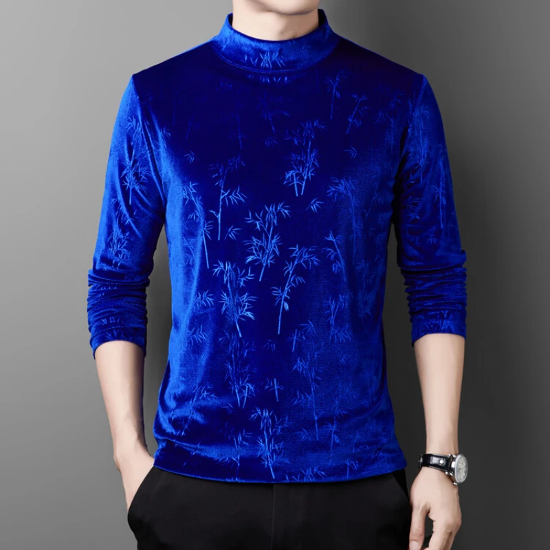 New Long Sleeve Men\'s Autumn/Winter Casual T-shirt Gold Velvet Half High Neck with Thick Velvet Base Top