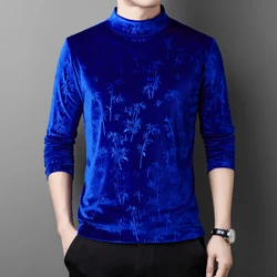 New Long Sleeve Men's Autumn/Winter Casual T-shirt Gold Velvet Half High Neck with Thick Velvet Base Top