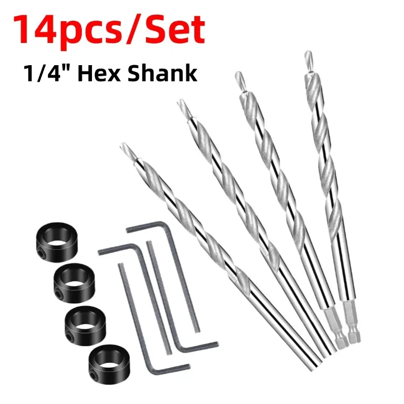 

14pcs Woodworking Oblique Hole Drill Bits Set Step Drills Hex And Round With With Deep Drilling Stop For Pocket Hole Guide Jig