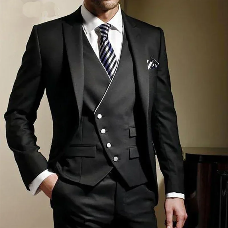 Elegant Black Business Men Suits Smart Casual Slim Fit Blazers High Quality Custom 3 Piece Set Jacket Pant Vest Costume Homme