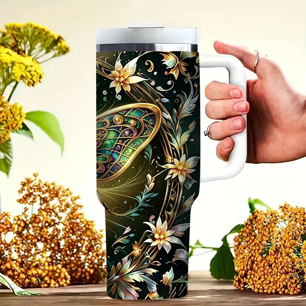 40oz Tumbler with Handle, Features Glowing Moth And Exquisite Floral Pattern, Suitable for Adults for All Seasons, Perfect for Indoor Outdoor Activities, Can Hold Both Hot And Cold Drinks
