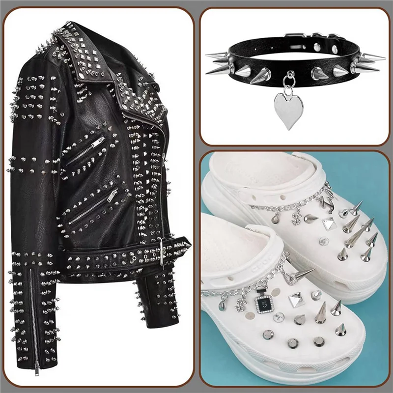 AA76-200 Confezione di punte e borchie Punte da 9,5 mm per abbigliamento Borchie in metallo Rivetti per punte punk in pelle Accessori Vite posteriore