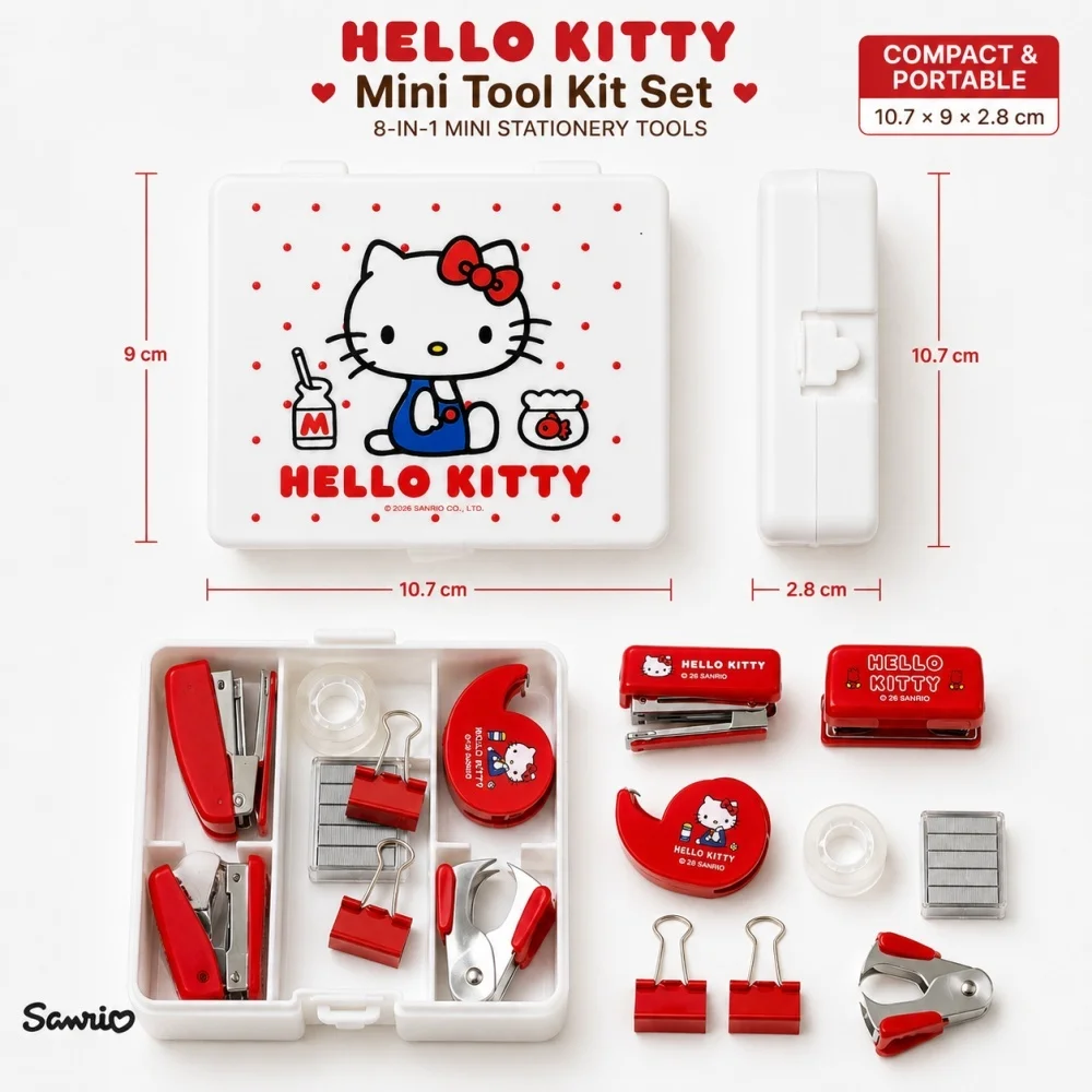 Genuine Hello Kitty Sanrio Stationery Tool Kit Compact Storage Case Stapler Tape Clips Staple Puller Scrapbook Teens Gifts view 3
