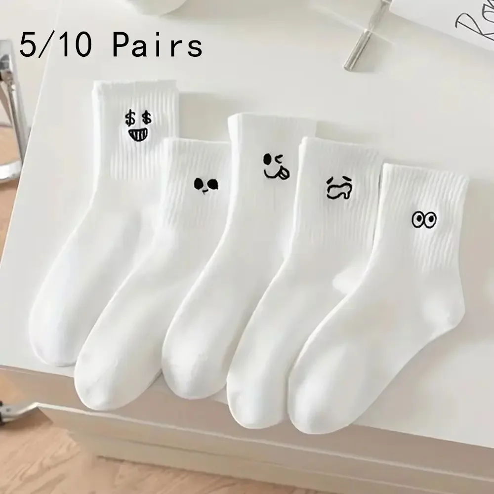 

5/10 Pairs Women Cartoon Socks Round Mid Tube Fashionable Cute Expression Pattern Socks Casual Breathable Autumn Girls Socks