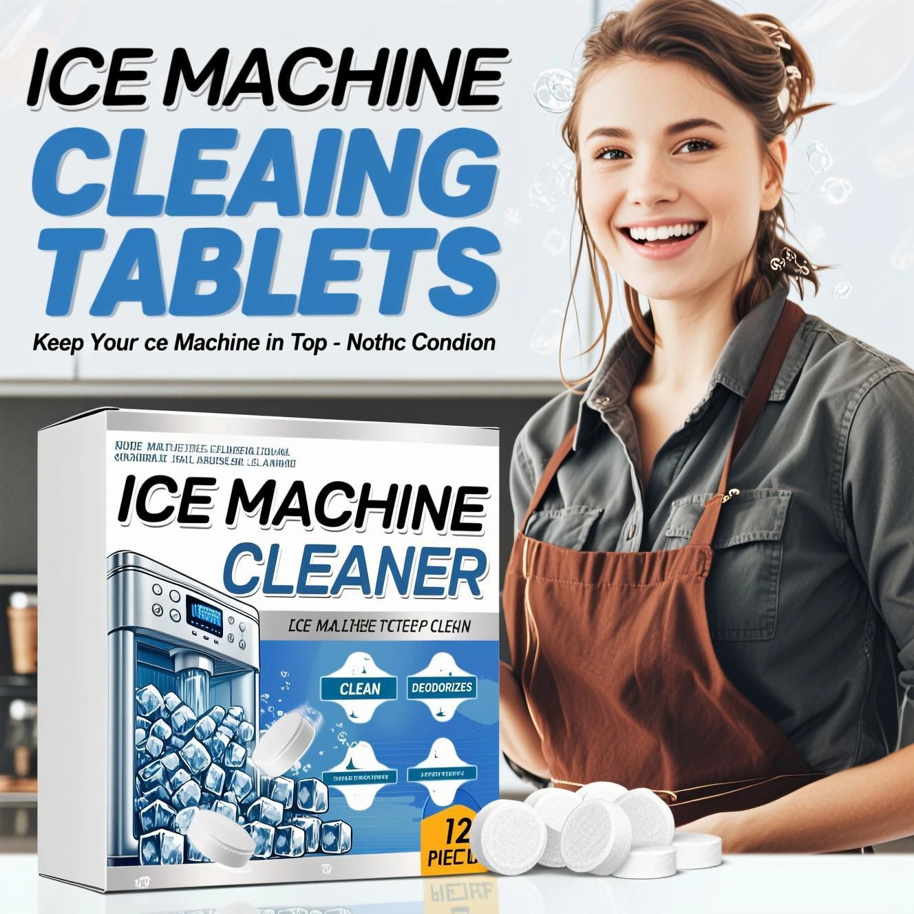 Limpiador de máquina de hielo, 12 tabletas, escritorio de limpieza profunda para fabricantes de hielo comerciales de encimera, elimina el olor a suciedad, prolonga la vida útil del aparato