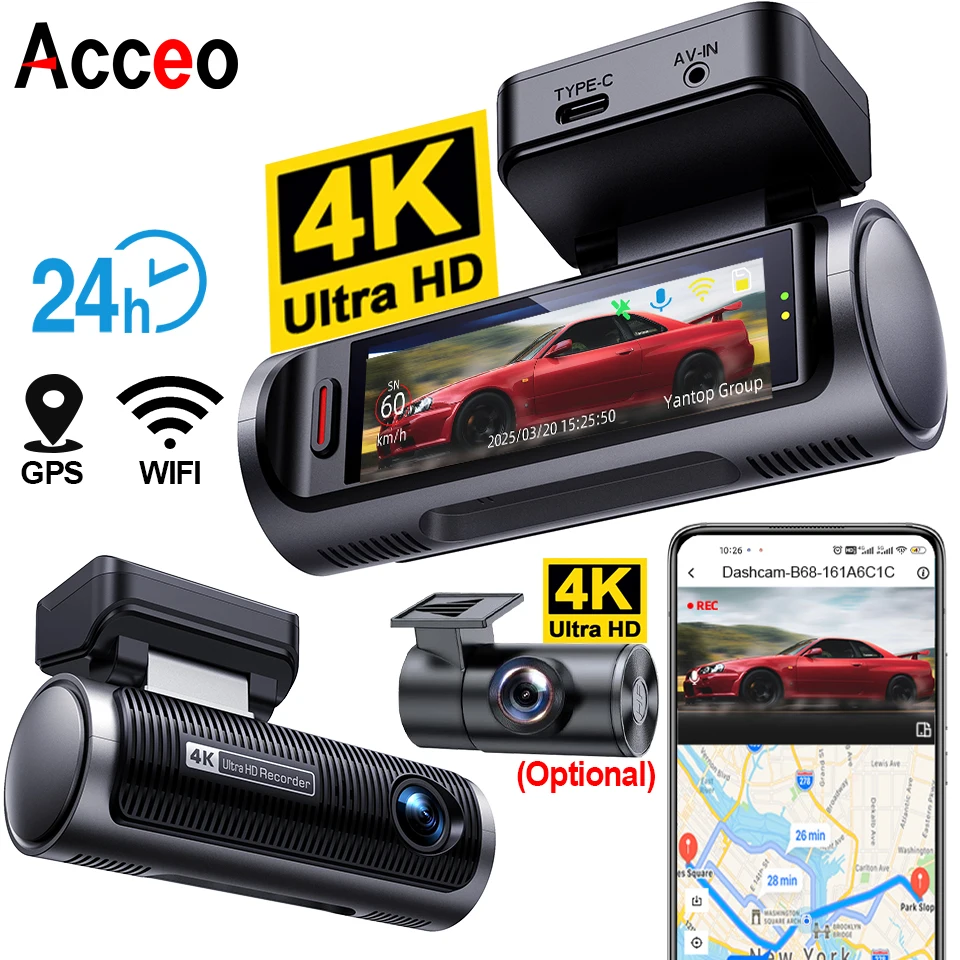 

Видеорегистратор 4K с Wi-Fi и GPS, фронтальная и задняя камеры, поддержка 4K, функция черного ящика, камера заднего вида, ночное видение, 24-часовой режим парковки