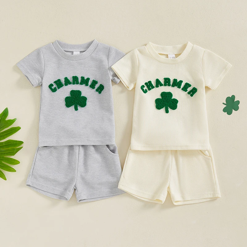 2024-11-21 Lioraitiin Toddler Baby Boy Girl St Patricks Day Clover Waffle Short Sleeve Shirt Summer Spring Clothes