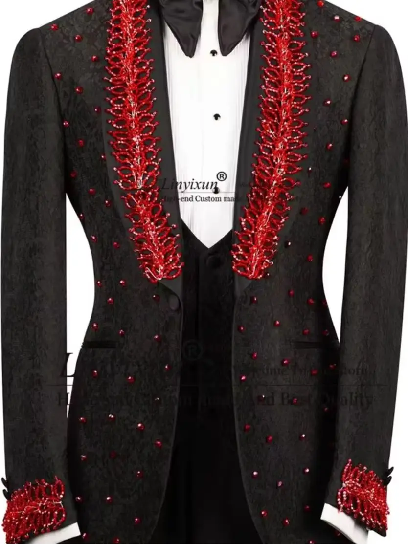 

Stunning Stone Crystals Men Suit 2 Pieces Sets Costume Homme With Jacquard Customized Groom Wedding Slim Fit Party Blazer
