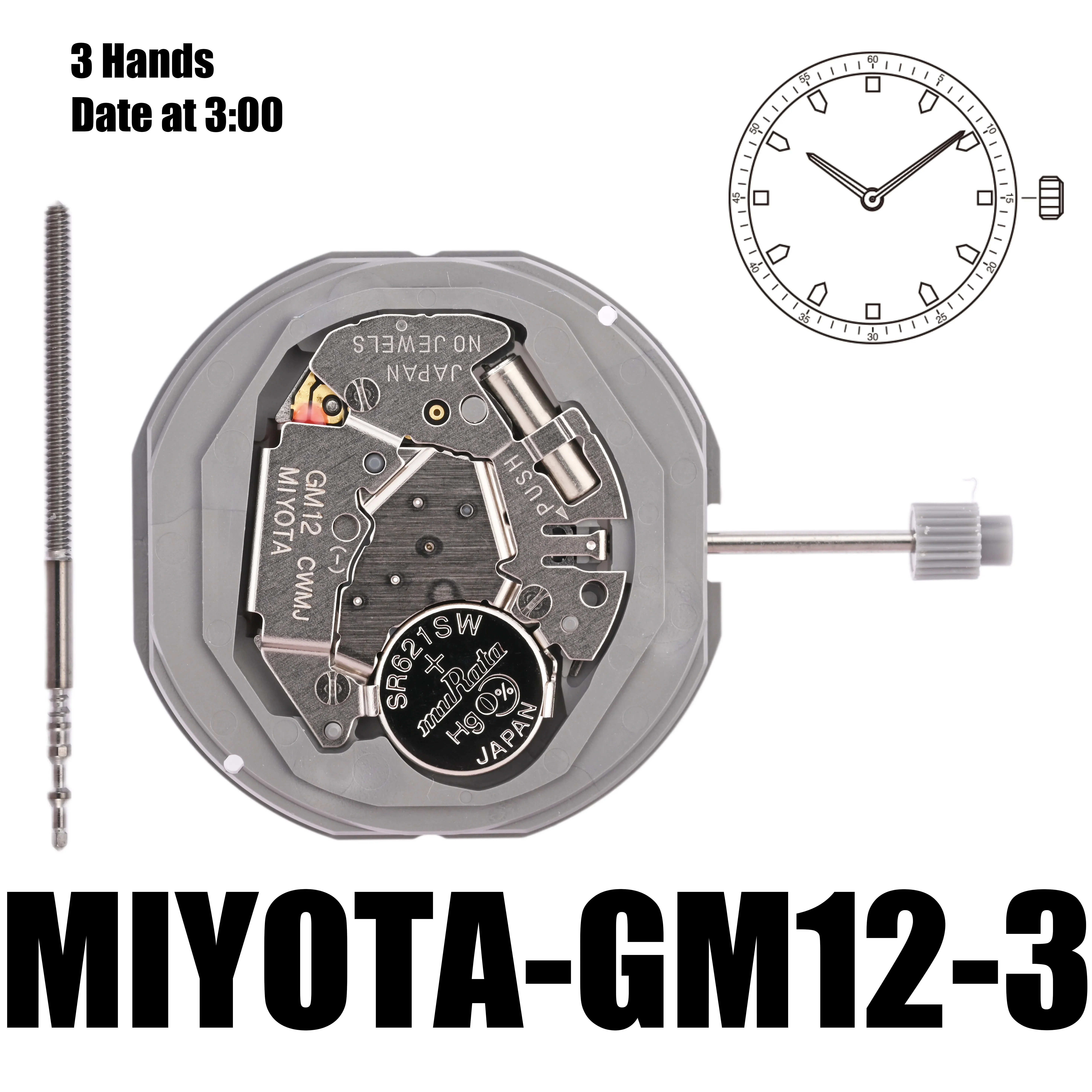 GM12 Movement  GM12-3 Movement 3 Hand Quartz Watch Movement GM12 Date At 3:00 Replaces 1M12 And GM10 Overall Height 4.2mm