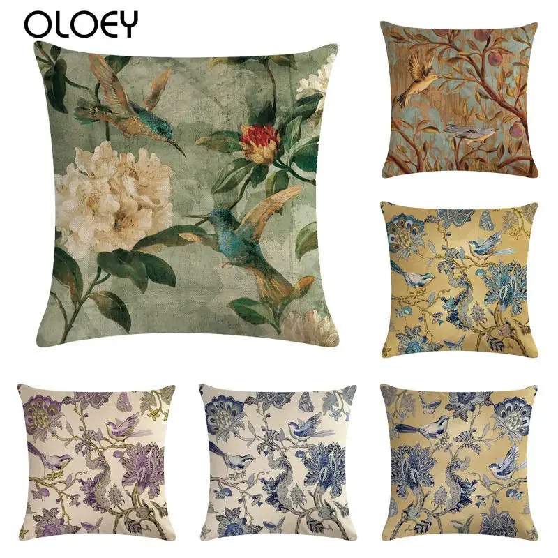 

45cm*45cm Hand-painted birds in flowers linen/cotton cushion cover and sofa pillow case Home decorative pillow cover