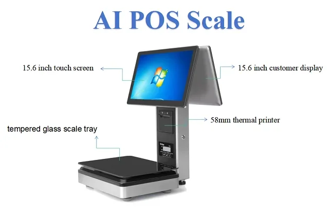 Dual 15.6 Inch Touch Screen AI POS Scale Smart Cash Register POS  Weighing Scale With 58mm Thermal Printer for Vegetables Retail