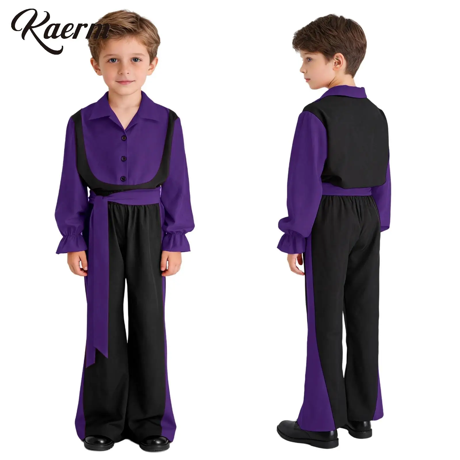 

Kid Boys Flamenco Rumba Samba Ballroom Latin Dance Costume Long Puff Sleeve Pullover Shirt with Pants Belt Spanish Dancer Outfit