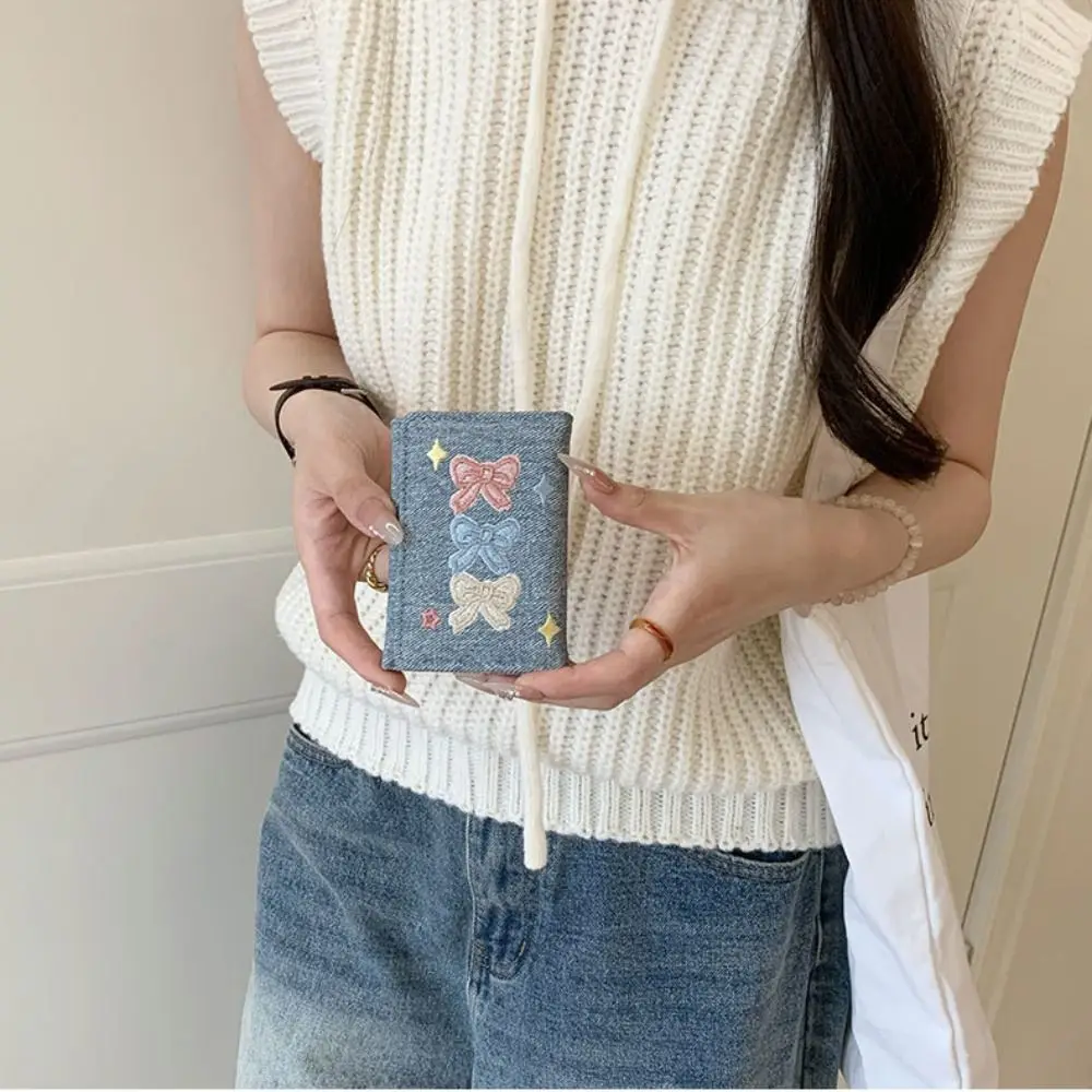 Versatile Portable Embroidered Bow Wallet PU Leather Embroidery Leather Card Holder Multiple Card Cute Short Purse Student