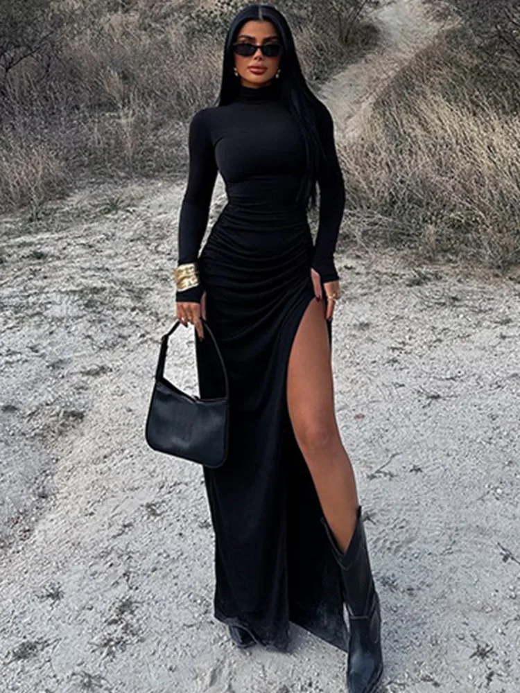 Mozision Turtleneck Long Sleeve Sexy Maxi Dress For Women Fashion Solid Thigh High Split Bodycon Ruched Elegant Long Dress