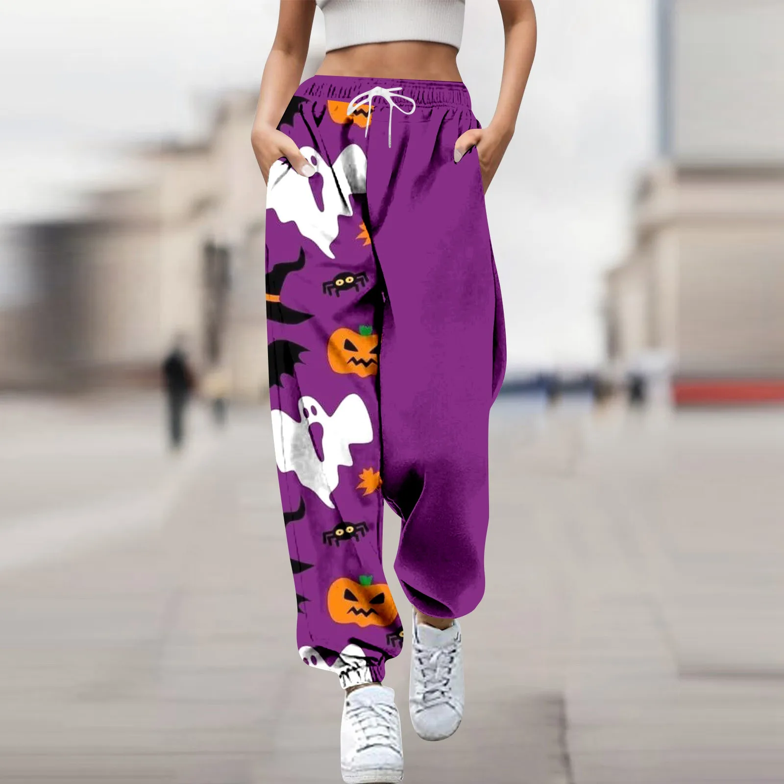 Women Fashion Trousers Pumpkin Skulls Halloween Print Bottom Sweatpants Pockets Loose Pants For Women Elastic Waist Casual