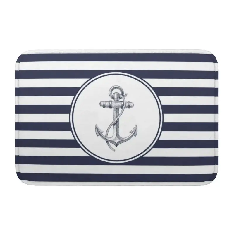 Custom Navy Blue Stripes Nautical Anchor Door Floor Kitchen Bath Mat Anti-Slip Doormat Bedroom Balcony Entrance Carpet Rug