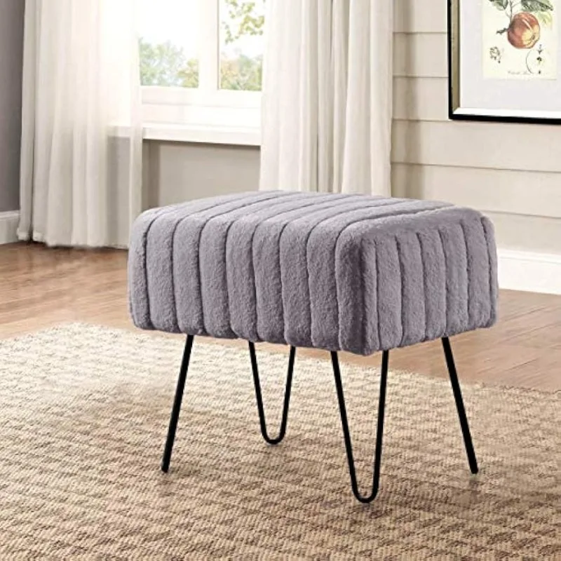 

Super Mink Faux Fur Gray Ottoman Bench 19" x 13" x 17", Charcoal, Living Room Foot Rest Stool Entryway Makeup Bench End
