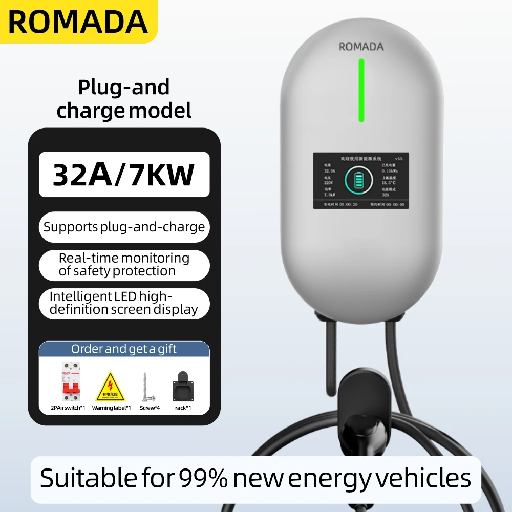 ROMADA EV-laadstation 32A Autolader voor elektrische voertuigen EVSE Wallbox Wandmontage 7KW Type2-kabel IEC62196 Bluetoo APP-bediening