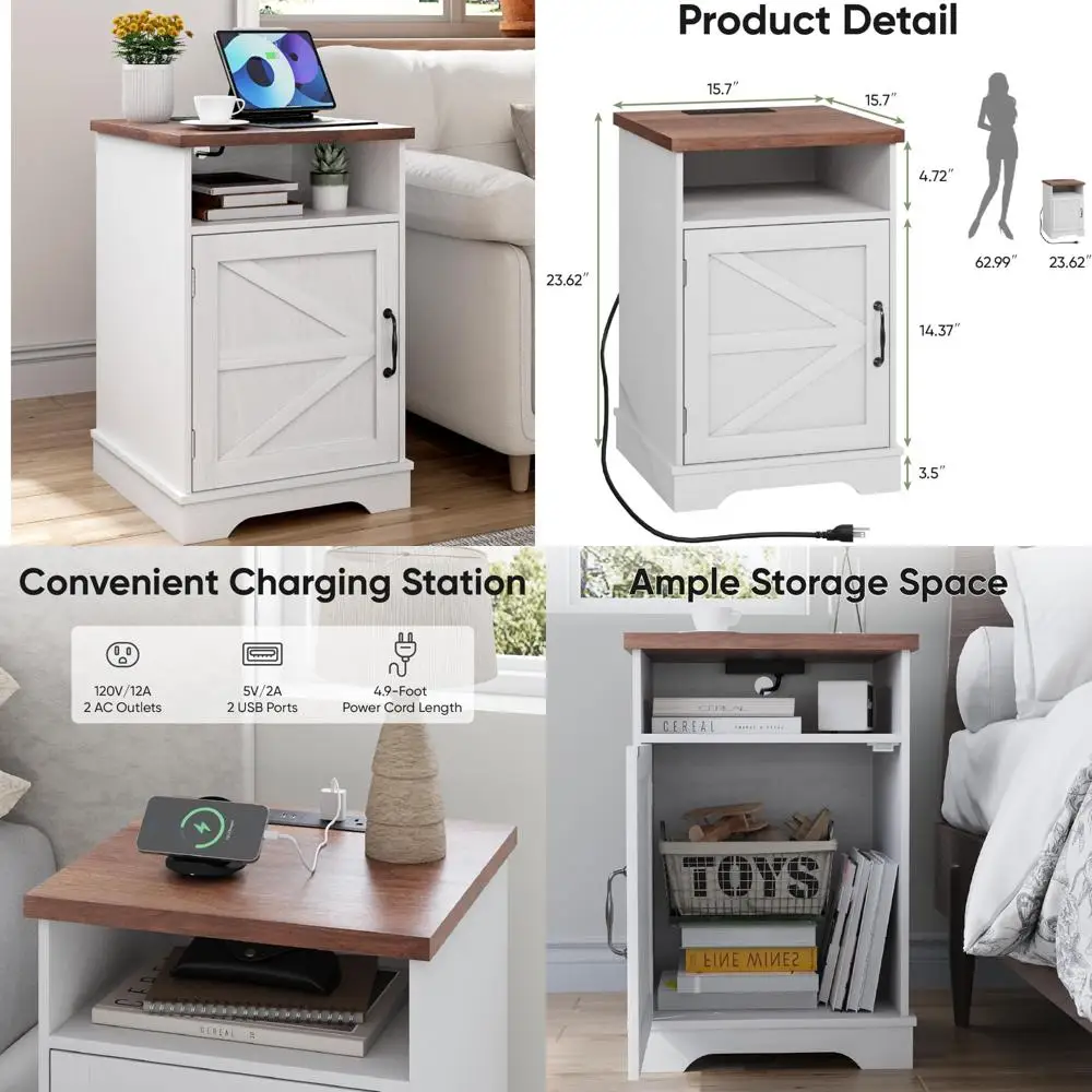 Rustic Walnut-Top Nightstand with Storage and Charging Station