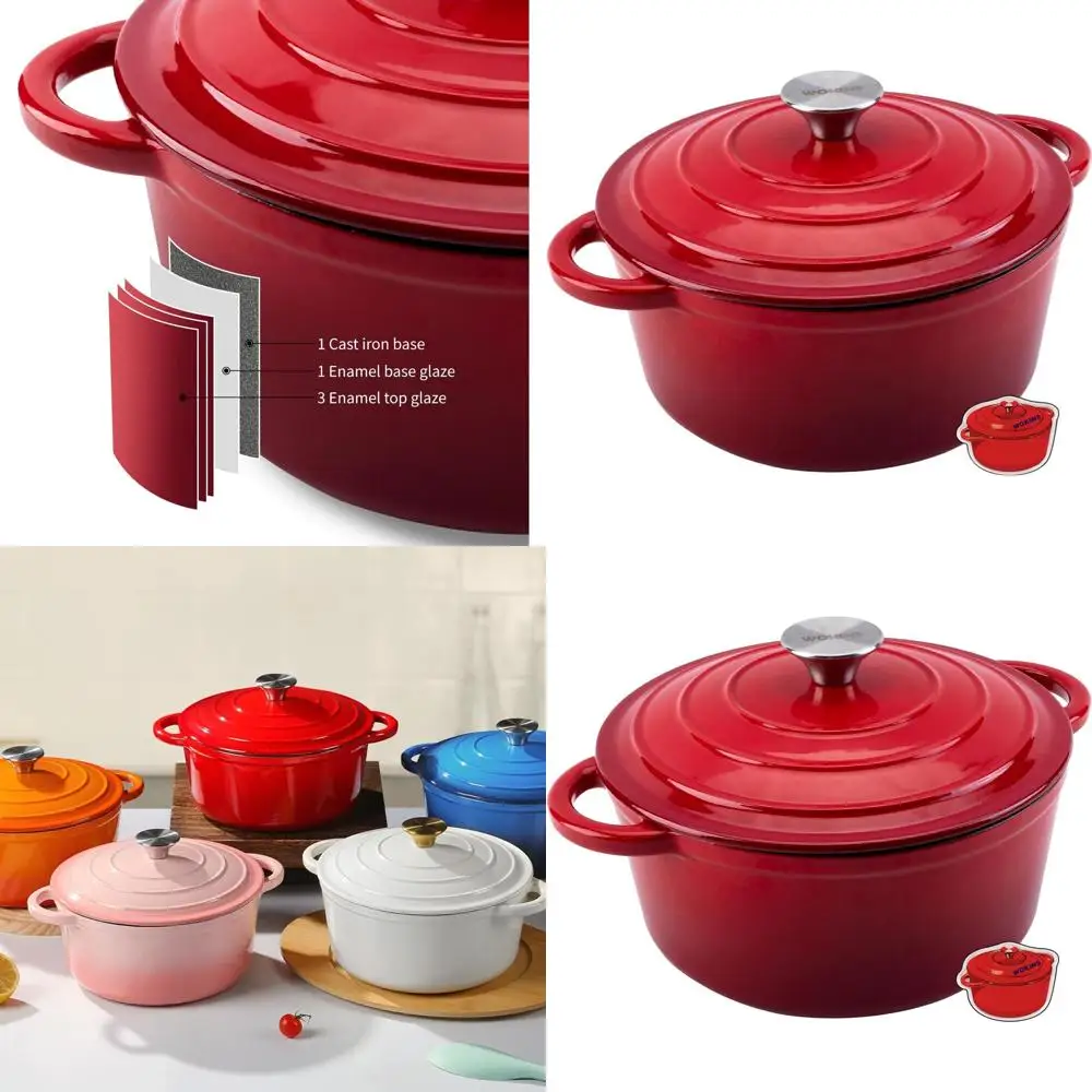 

Heavy-Duty 7QT Red Enamel Cast Iron Dutch Oven with Lid, Ideal for Baking, Braising, Stews, and Roasting, Oven Safe to 500°F