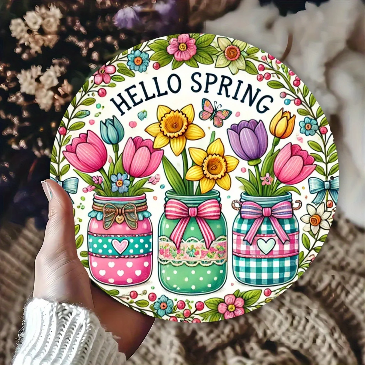 Colored hyacinth-themed metal wall art, 8x8-inch round iron plate, suitable for bar, cafe, club, kitchen decoration, perfect roo