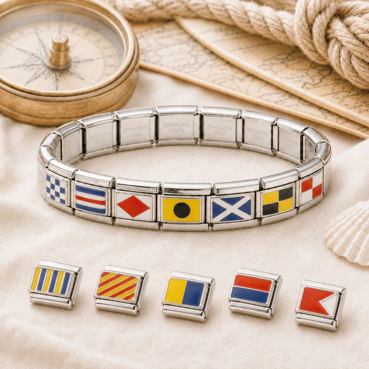 Trusta Fashion Navy Ship National Flag Italian Charm Links 9mm Stainless Steel Bracelet for Women DIY Jewelry Wholesale N026