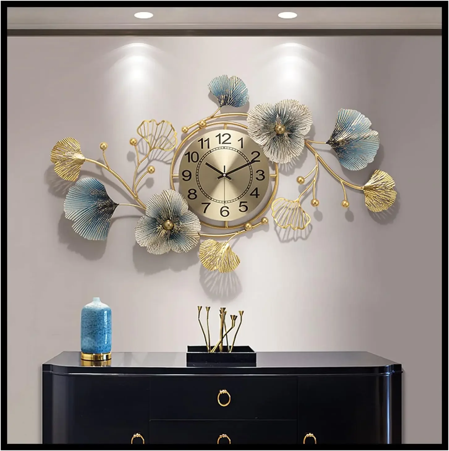 Large Wall Clock Decor, Modern 3D Metal Ginkgo Leaf Design Wall Clocks Decorative Silent Non-Ticking for Living Room