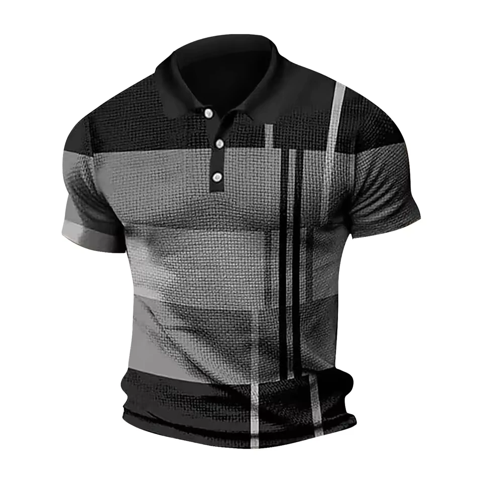 2025 Summer New Fashion Men's Turn-down Collar Short Sleeve Striped Pullover T-shirts Casual Trendy Slim T-shirts Male Clothes