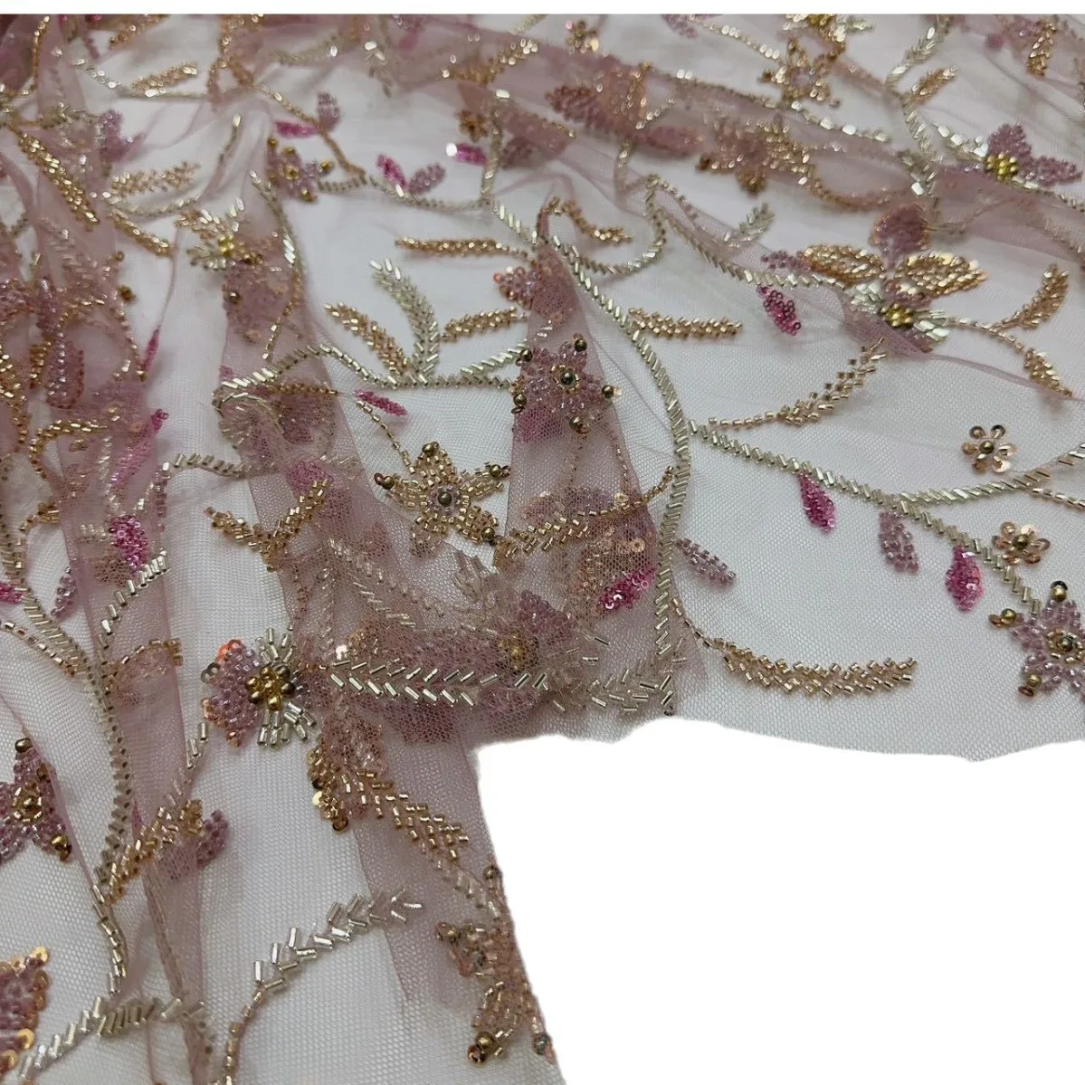 5 Yards Mesh Beaded Heavy Industry Sequined Flower Embroidery Cloth Dress Skirt Wedding Fabric