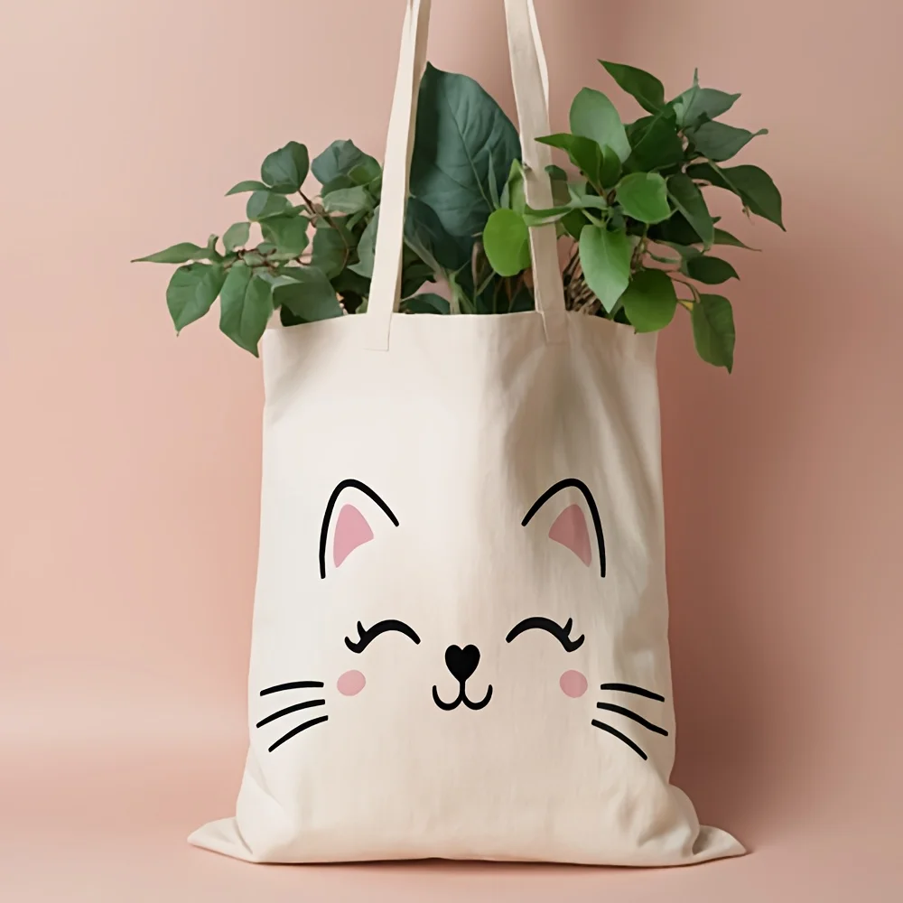 A Cute Cat Design Pattern Print Canvas Tote Bag, Suitable for Daily Use, Shopping, School, and Travel