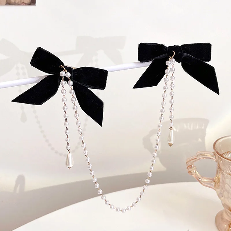 สาวหวานพู่ Vintage Bow Pearl Chain Hairpins ผมหรูหราตกแต่งแถบคาดศีรษะคลิปผมสําหรับผู้หญิงแฟชั่นอุปกรณ์เสริมผม