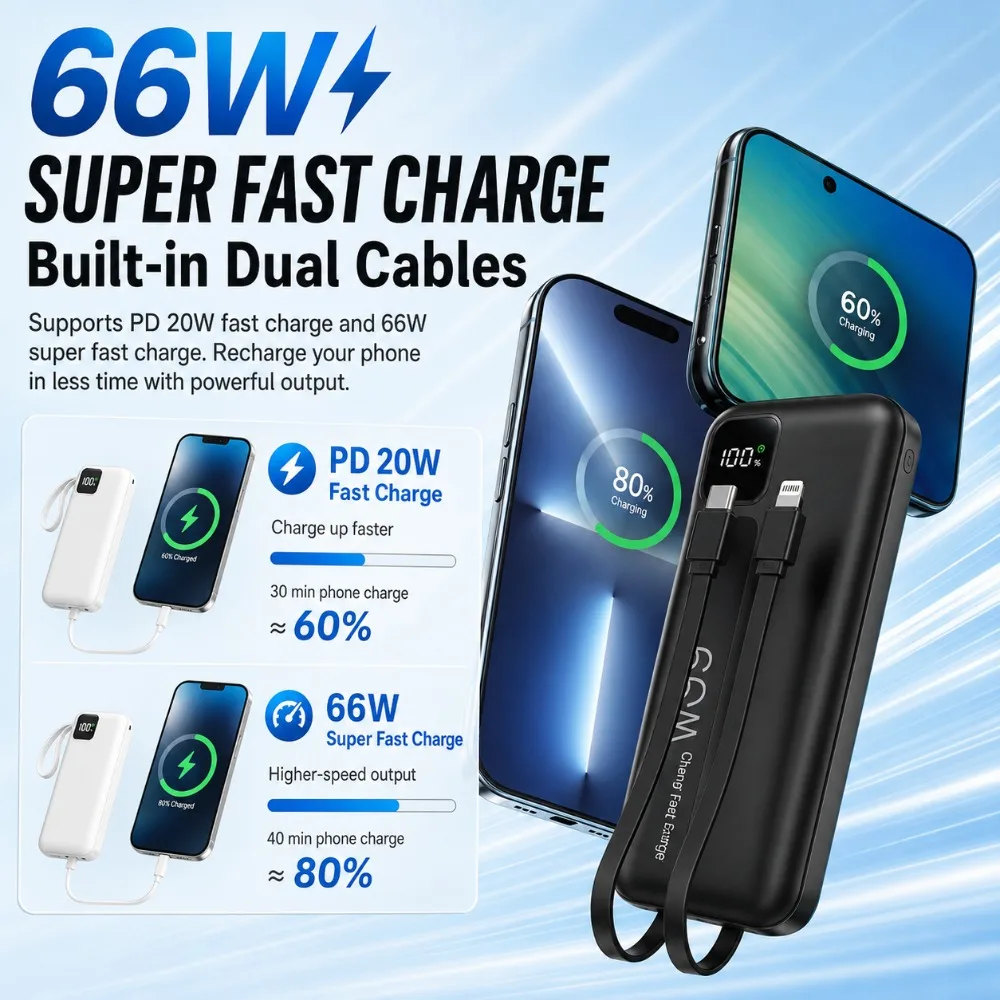 50000mAh Power Bank 66W Super Fast Charging Portable Charger Large Capacity External Battery for IPhone Samsung Xiaomi