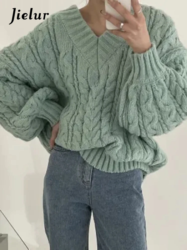 Jielur Autumn Winter New Chic Knitted Pullovers Woman Loose Retro Fashion Pullovers Casual Grey Pink Apricot Light Green Sweater