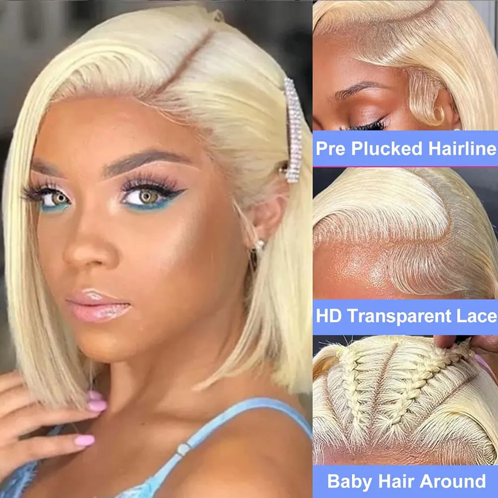 613 bob peruca dianteira do laço cabelo humano 250% em linha reta 13x4 hd renda transparente 100% peruca loira brasileira pré-arrancado com cabelo do bebê