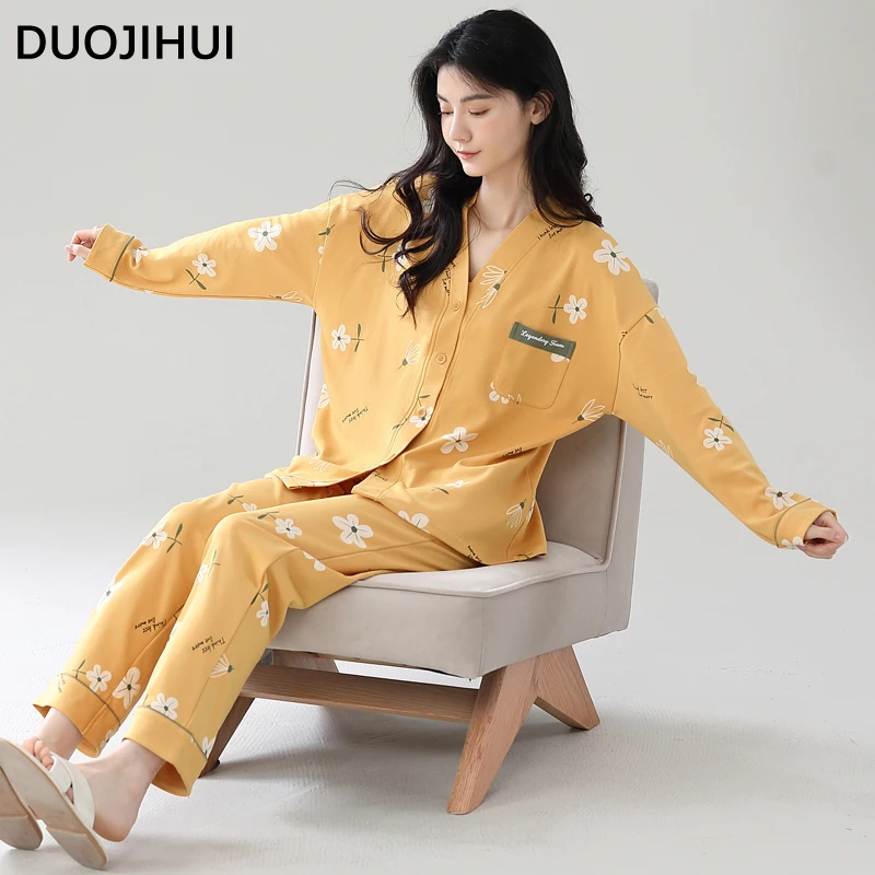 DUOJIHUI Yellow Chic Floral Printed Simple Pajamas for Women Autumn V-neck Cardigan Loose Pant Fashion Casual Female Pajamas Set