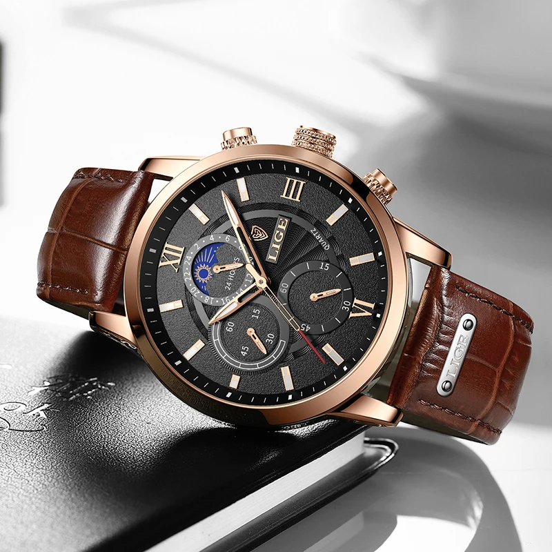LIGE Waterproof Watches for Men Luxury Rose Gold 24 Hours Moon Phase Chronograph Fashion Brown Leather Quartz Wristwatch Clock