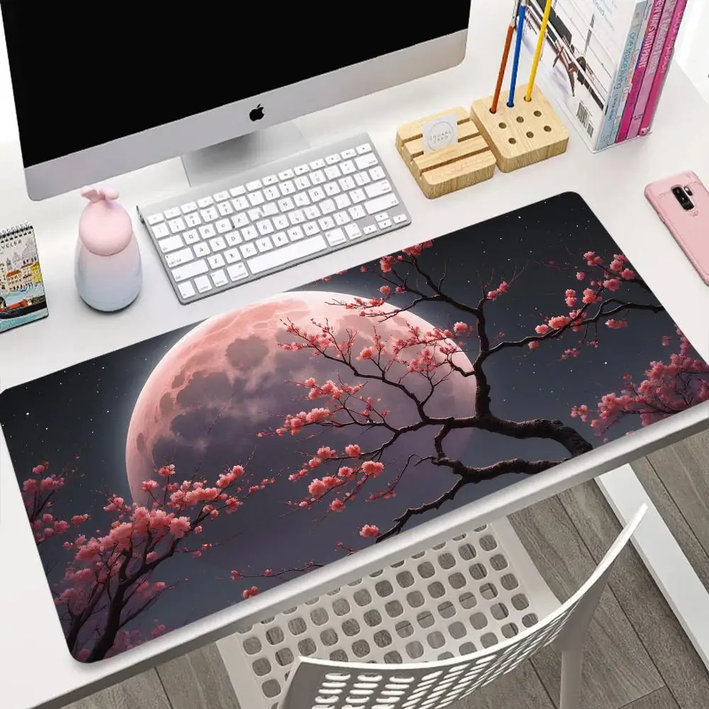 

Большой коврик для игровой мыши с дизайном «Красная Луна и вишневый цвет», с прошитыми краями, подходит для офиса и домашнего использования.