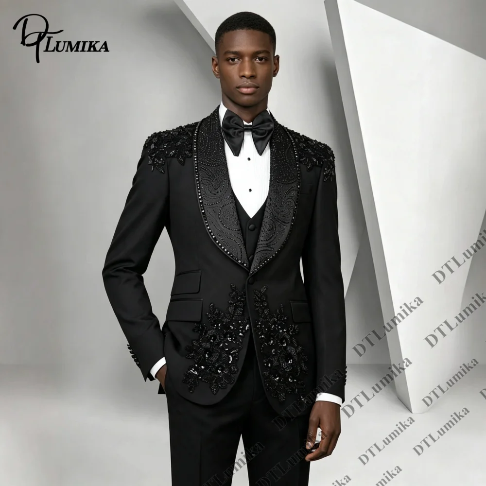 Wedding Suit for Men 2026 Elegant Three Piece Suit Set for Groom Made To Measure Crystals Appliques Formal Tuxedo Prom Party