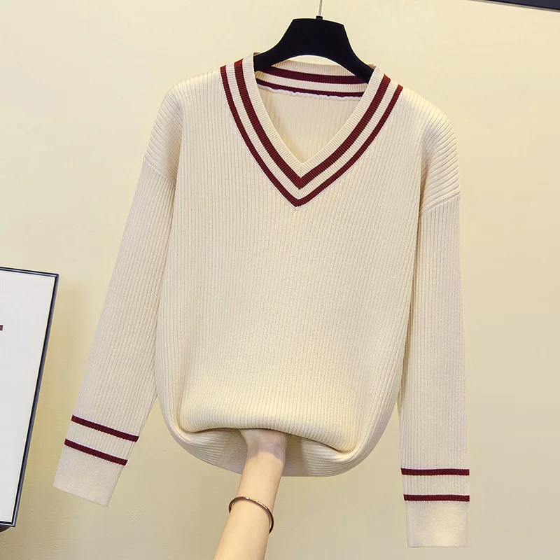 Winter Loose-Fitting Outerwear Sweater Women\'s Autumn And Winter 2023 New Korean Style Retro V-neck Striped Sweater Top