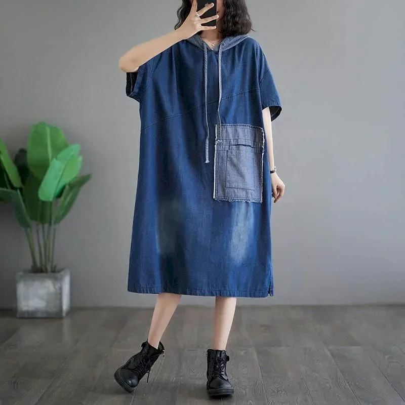 

Pop Blue Denim Dresses Women Hooded Short Sleeve Casual Loose A-line Skirts Pocket Design Vintage Trend Oversized Artistic Dress