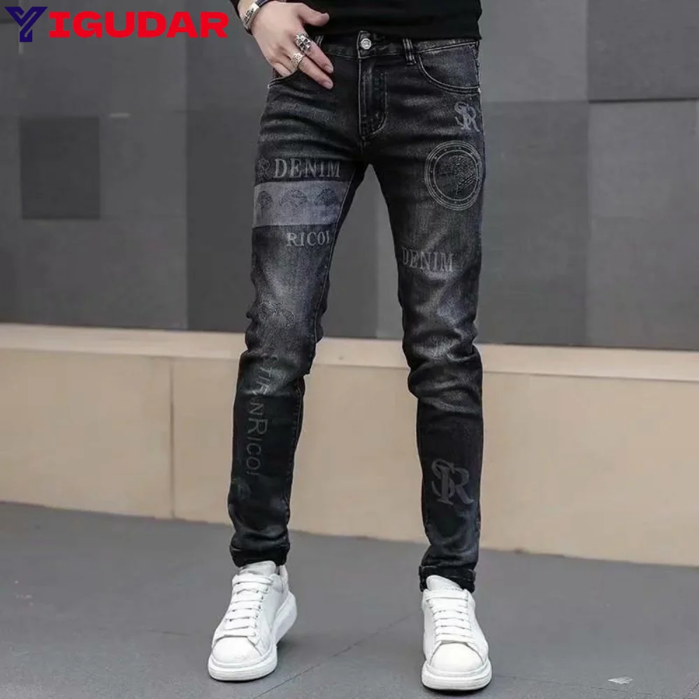 

Spring Autumn Jean Men Original Stretch Skinny Slim Korean Style Male Casual Cargo Printing Cowboy Designer Clothing Trousers