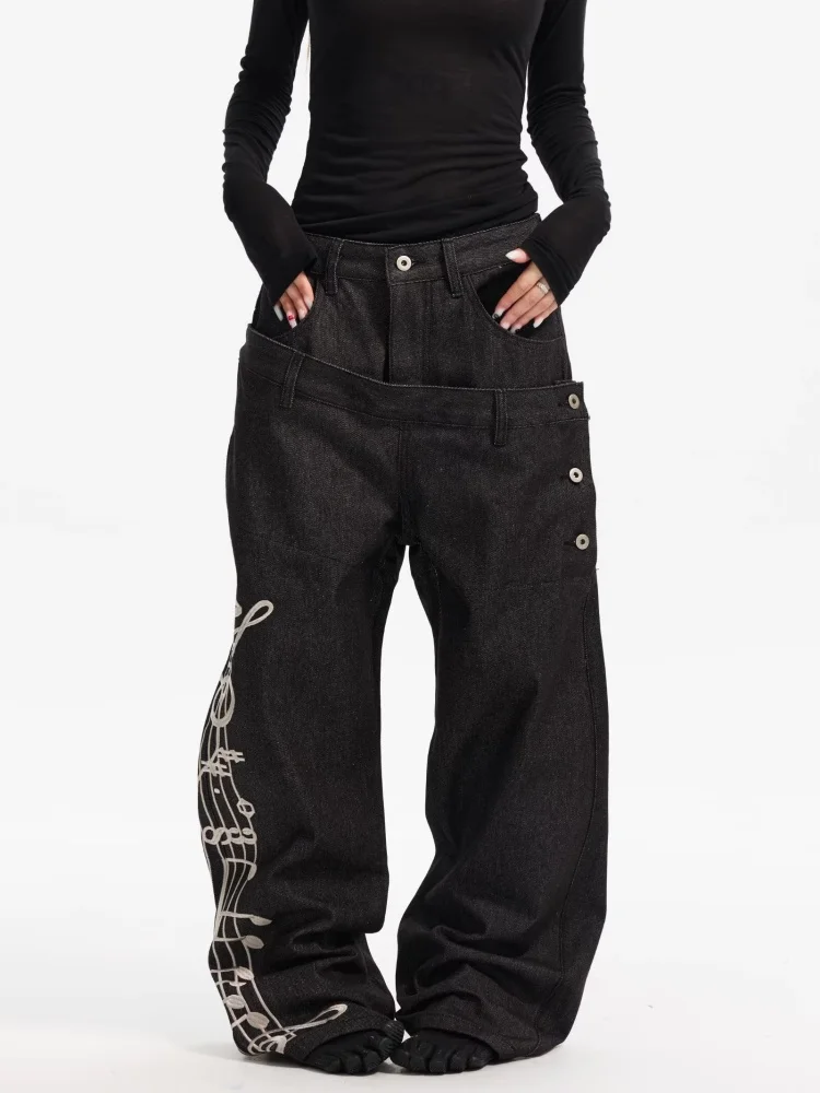 2026 Trend Y2K Style Double Waist Musical Note Embroidery Black Baggy Women's Jeans Pants Woman Clothing Wide Leg Long Trousers