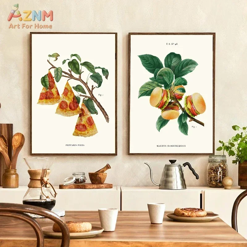 AZNM Funny Vintage Food Botanical Canvas Wall Art, Macaron Donut Pizza Burger Surreal Fruit Print Kitchen Dining Room Home Wall