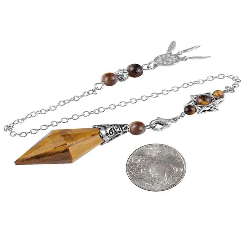 Natural Stone Crystal Pendulum for Reiki Divination 12 Facet Hexaonal Points with Dream Catcher Chain Spiritual Pendulos X072