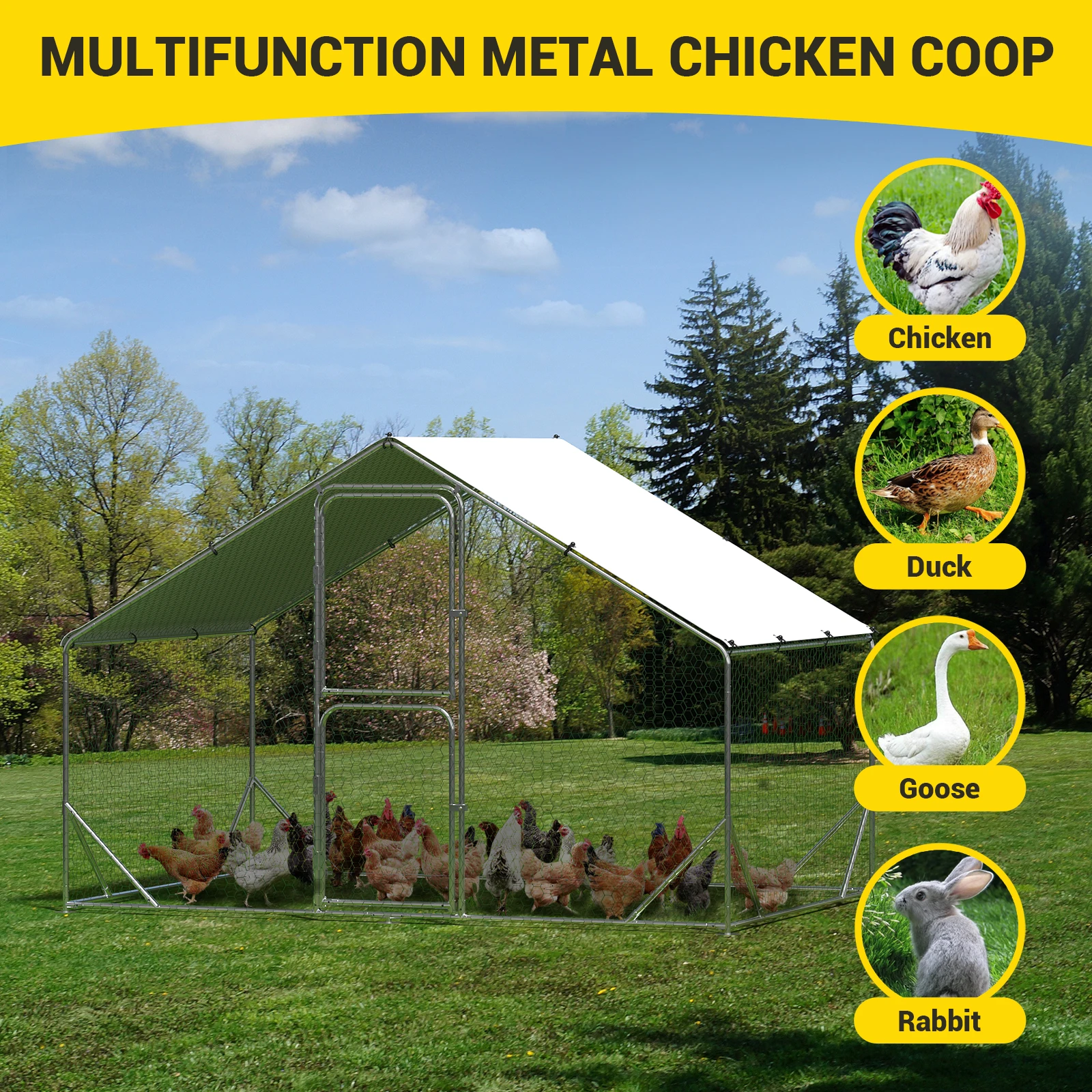 Spire Shaped Metal Chicken Coop Run with Waterproof Covers, Walk-in Poultry Cage with Double Coop Door,  Dog Kennel Outside