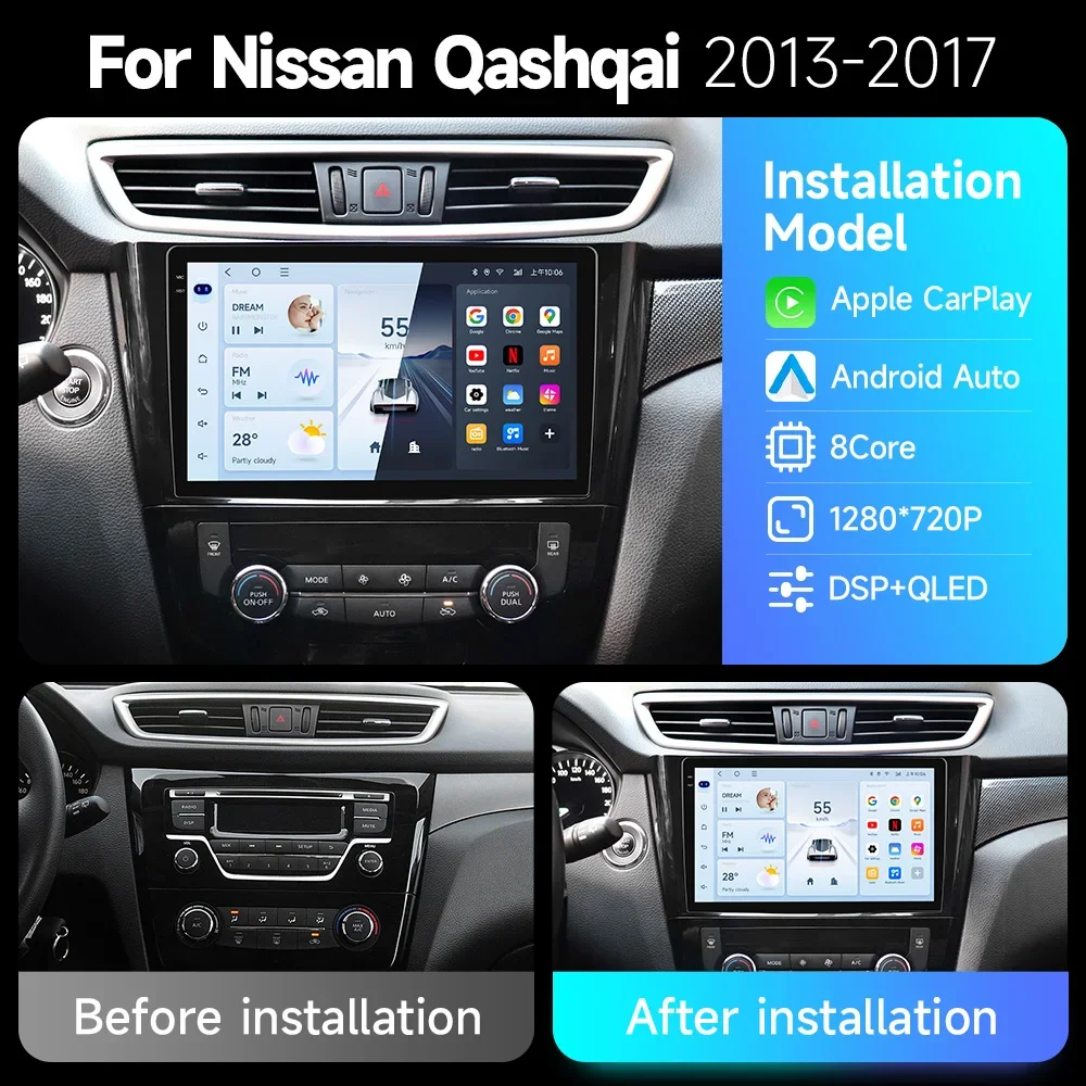 JIUYIN Wireless CarPlay Android Auto 10.1 inch Radio For Nissan Qashqai J11 X-Trail 3 T32 2013-2017 Car Multimedia GPS 2din